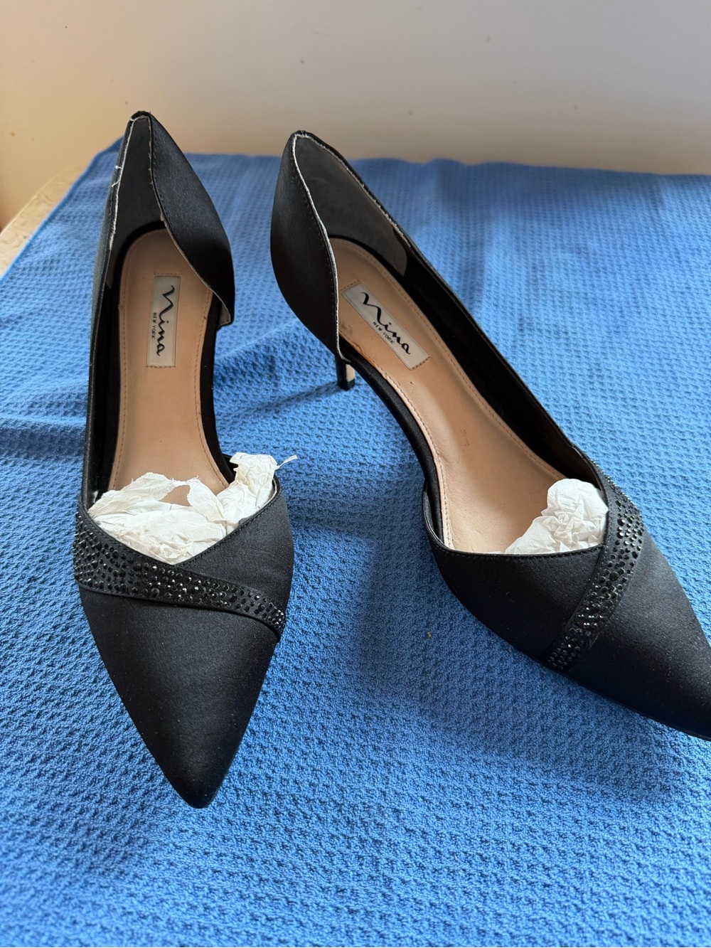 Nina Black Satin Pointed Toe D'Orsay Pumps with Rhinestone Band